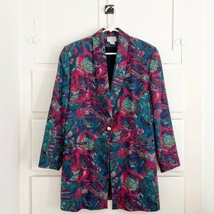 Vintage Silk Art Blazer Jacket Jewel Tone M